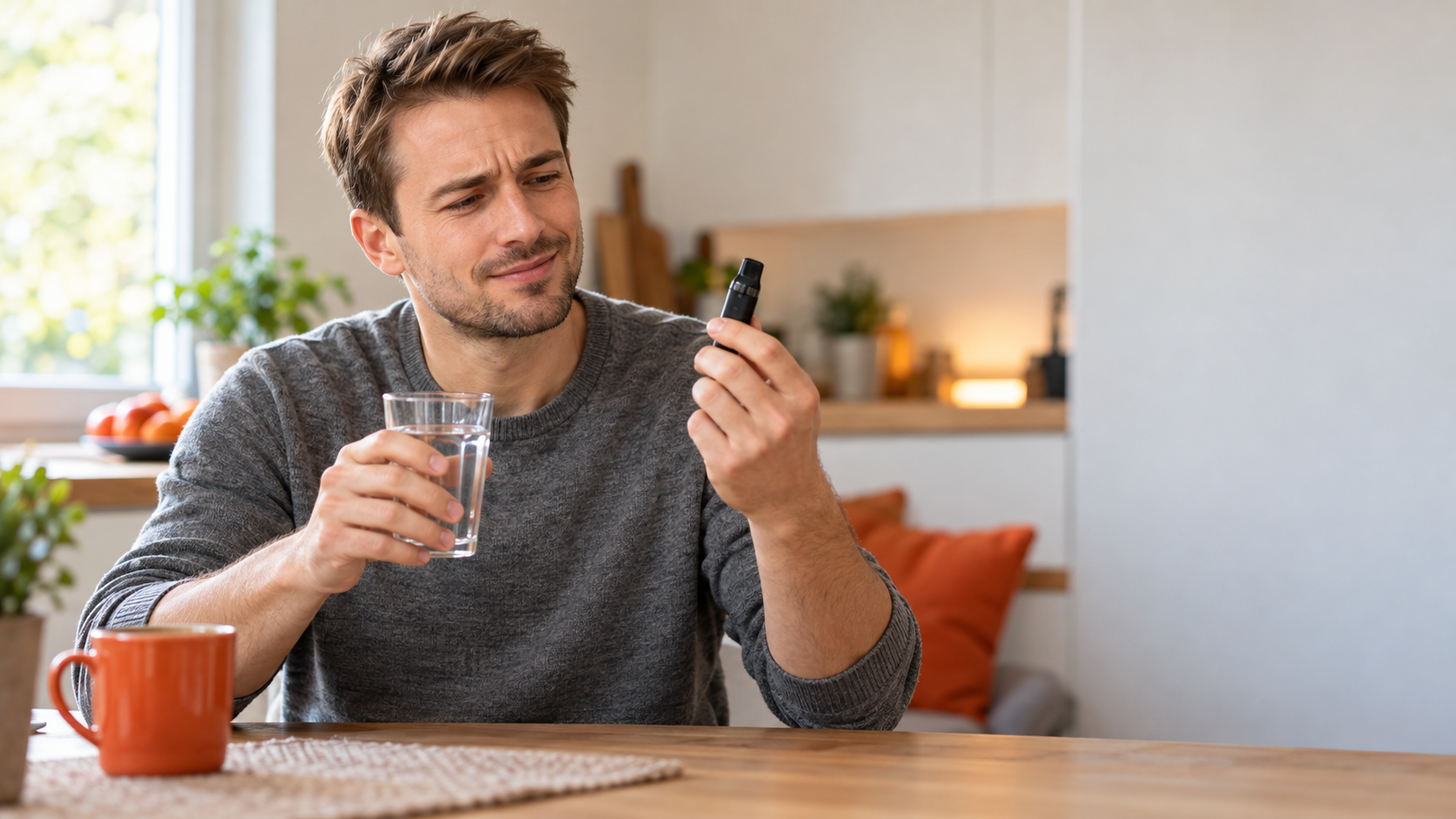 Vaper's tongue: muž u stolu s sklenicí vody a e-cigaretou, nemůže ucítit chuť liquidu