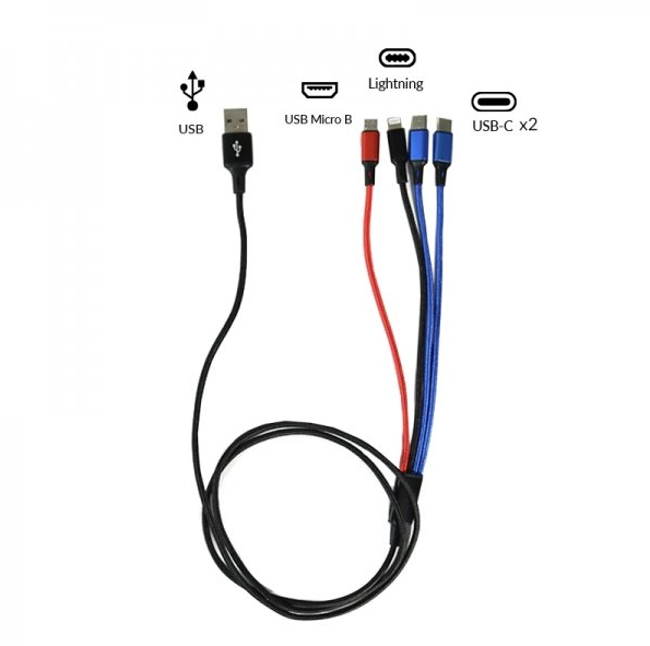 Ostatní USB Kabel 4v1- 2x USB-C / 1x Micro USB / 1x Lightning 125cm 2,8A