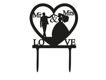 Svatební dortový zápich - Zápich na dort - novomanželé v srdci - mr&mrs + love