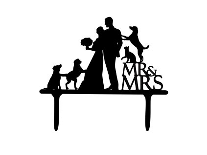 Svatební dortový zápich - Zápich na dort - novomanželé - mr&mrs + kočky a psy