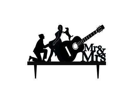 Svatební dortový zápich - Zápich na dort - novomanželé s kytarou a nápisem mr&mrs