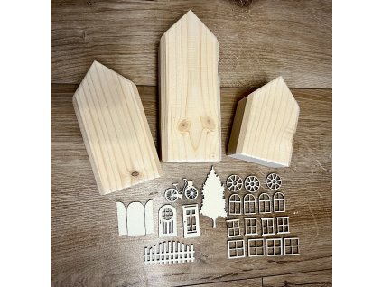 sada 3 domečků s doplňky - 3 – dřevěná dekorace