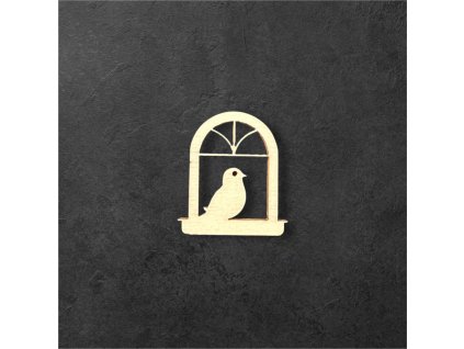 dřevěný výřez – okno s ptáčkem – dřevěná dekorace
