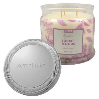 💥 POSLEDNÍ KUSY 🕯️🌸 PARTYLITE Vonná svíčka - tříknotá - EXOTIC SIGNATURE - SUNSET WOODS 1ks Skleněný soudeček se svíčkou a...