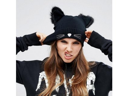 kocici cepice cerna beanie cat ear cap winter zimni pletena beanie cepice cepka pro damy holky zeny damska cerna vinova s ousky usima uchy