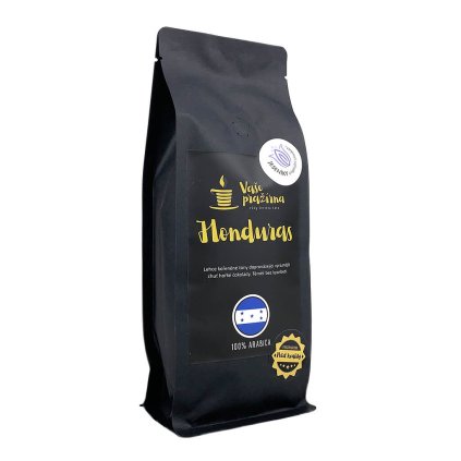Čerstvě upražená káva Honduras, označená logem 100% Arabica a známkou kvality Jeseníky originální produkt.