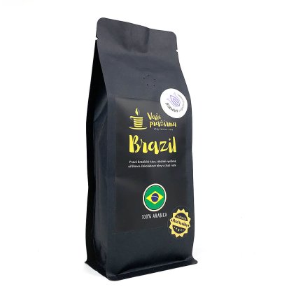 Čerstvě upražená brazilská káva Santos, označená logem 100% Arabica a známkou kvality Jeseníky originální produkt.