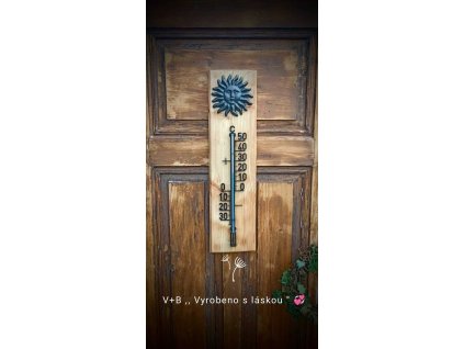 teploměr do zahrady, dřevo, kov, černá barva, sluníčko, ruční práce, vyrobeno s láskou