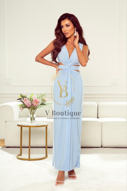 Bledomodré dlhé šaty s bočným výstrihom