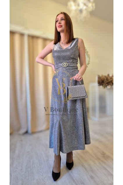 Strieborné trblietavé midi spoločenské šaty  s opaskom