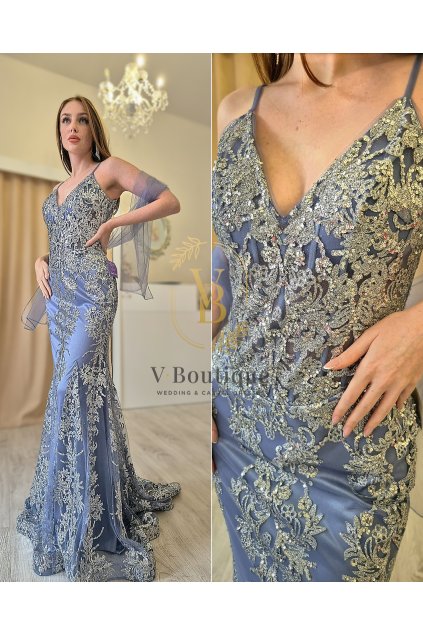 Modrasto-strieborné dlhé luxusné spoločenské šaty s čipkou a flitrami