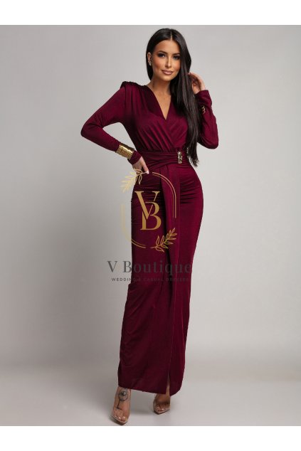 Bordové dlhé spoločenské šaty s dlhým rukávom