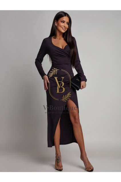 Čokoládovohnedé dlhé spoločenské šaty s rozparkom