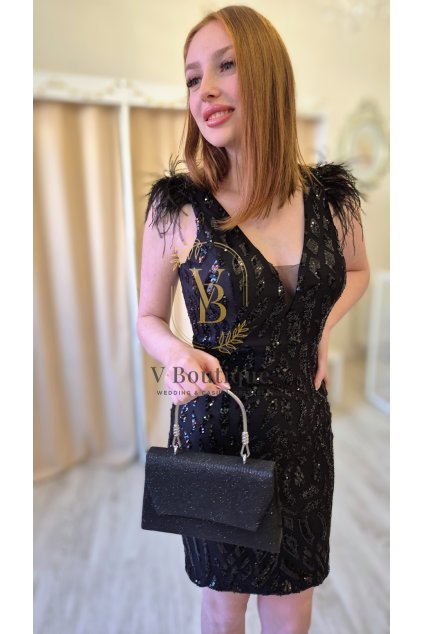 Čierne flitrované krátke párty šaty s perím