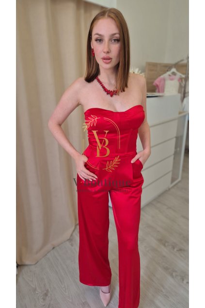 Červený saténový spoločenský overal