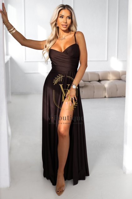 Čokoládovohnedé elegantné šaty s rozparkom (1)