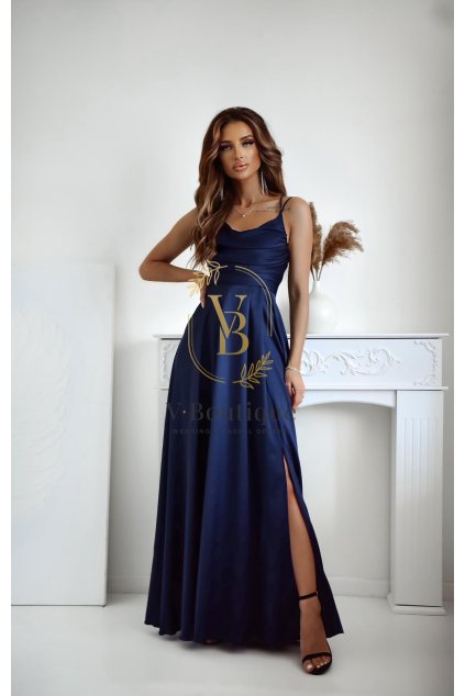 Dlhé elegantné spoločenské šaty v tmavomodrej farbe