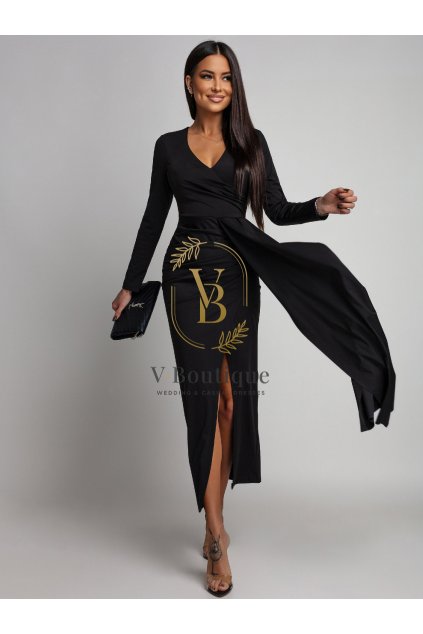 Dlhé čierne spoločenské šaty s rázporkom (4)