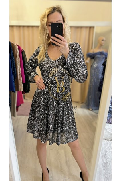 Čierno strieborné flitrované midi šaty s dlhým rukávom (4)