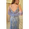 Modrasto-strieborné dlhé luxusné spoločenské šaty s čipkou a flitrami