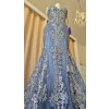 Modrasto-strieborné dlhé luxusné spoločenské šaty s čipkou a flitrami