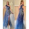 Modré dlhé spoločenské šaty s asymetrickým ramienkom a vlečkou