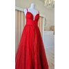 Dlhé červené trblietavé spoločenské šaty s korzetovým živôtikom