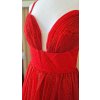 Dlhé červené trblietavé spoločenské šaty s korzetovým živôtikom