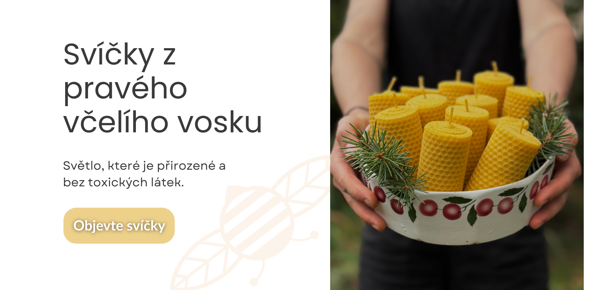 Úvodní banner Včeluj se sloganem: Když se píle včel mění ve světlo a vůni domova – svíčky z včelího vosku.