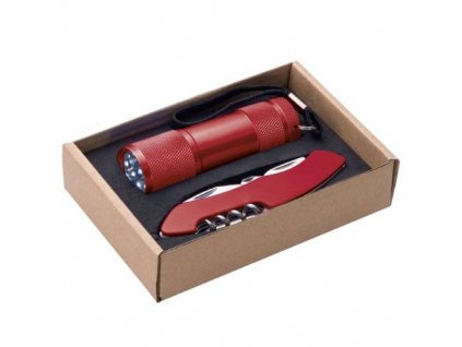 Set multifunkčního nože a LED svítilny, červený
