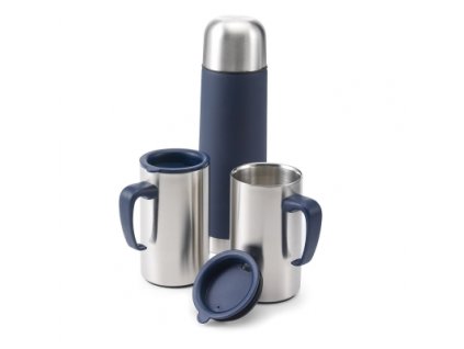 Sada termoska a dva termohrnky modrá