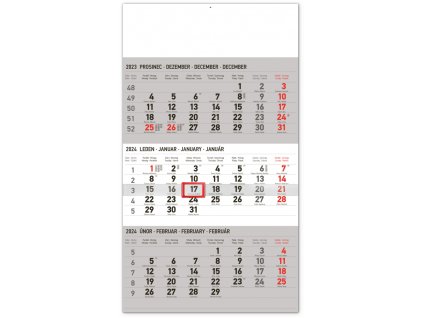 Nástěnný kalendář 3měsíční standard šedý – s českými jmény 2024, 29,5 × 43 cm