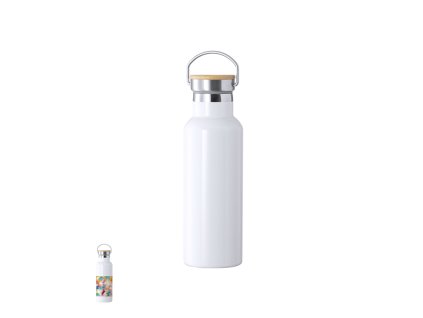 Sublimační izolovaná láhev Ying z nerezové oceli / bambusu (Barva BÍLÁ, Velikost S/T)