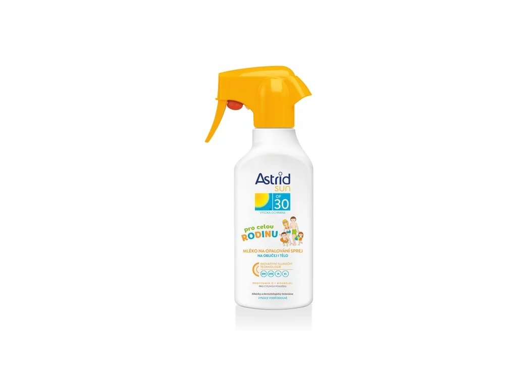 8592297002697 astrid sun mleko na opalovani sprej na oblicej i telo SPF30 pro celou rodinu