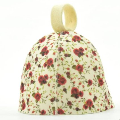 Saunová čepice – zvonek s červenými kytičkami, polyester filc