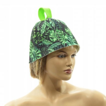 Saunová čepice zvonek – motiv zelených listů, polyester filc