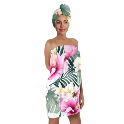 Dámský saunový ručník s turbanem – tropické květy