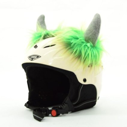 Nalepovací ozdoba na lyžařskou helmu – Šedé rožky se zeleným chlupatým efektem