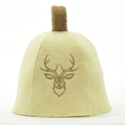 Saunová čepice zvonek – 100 % vlna, motiv Jelen