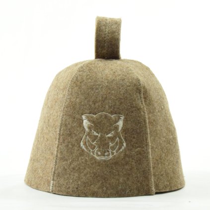 Saunová čepice hnědý zvonek – 100 % vlna, motiv Kanec