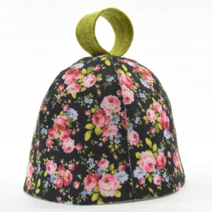 Saunová čepice zvonek – černá s květinovým vzorem, polyester filc