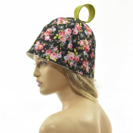 Saunová čepice zvonek – černá s květinovým vzorem, polyester filc