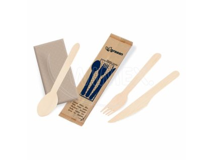 Příborová sada (dřevo FSC 100%) nůž-vidlička-lžíce+ubrousek [50 sad]