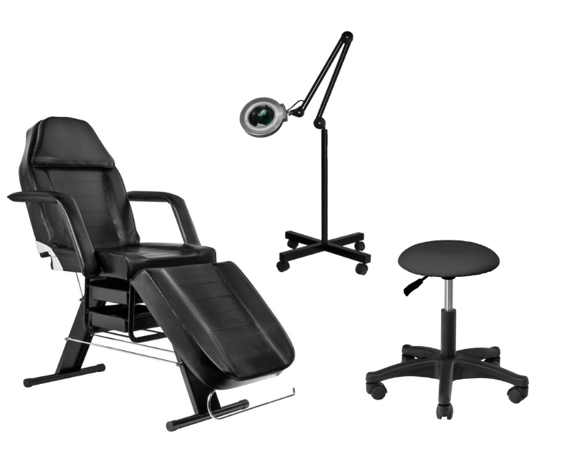 ACTIVESHOP Startovací sada pro kosmetičky - Polohovatelné kosmetické lehátko + kosmetický taburet+ Kosmet. lampa ČERNÁ BARVA