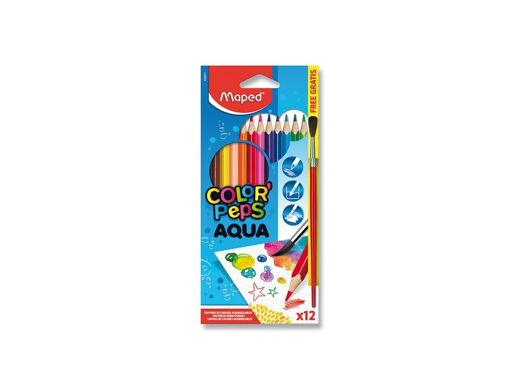 Pastelky Maped Color'Peps Aqua, tojhranné + štětec, 12 barev + štětec