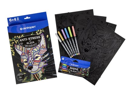 Omalovánky A4 - Antistress black 9390 + 6 ks popisovačů