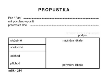 MSK 7400214 propustky 100 listů A7, nepropisující