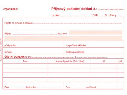 Příjmový pokladní doklad i pro podvojné účetnictví Baloušek A6 / nečíslovaný / 50 listů / NCR / PT030, nepropisující, samopropisující