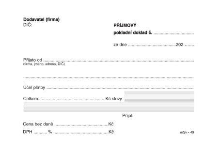 MSK 7400049 příjmový pokladní doklad nečíslovaný 100 listů NCR A6, samopropisující