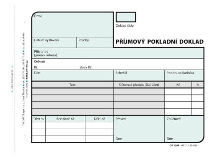 Optys 1091 příjmový pokladní doklad nečíslovaný 2 x 50 listů NCR A6, samopropisující